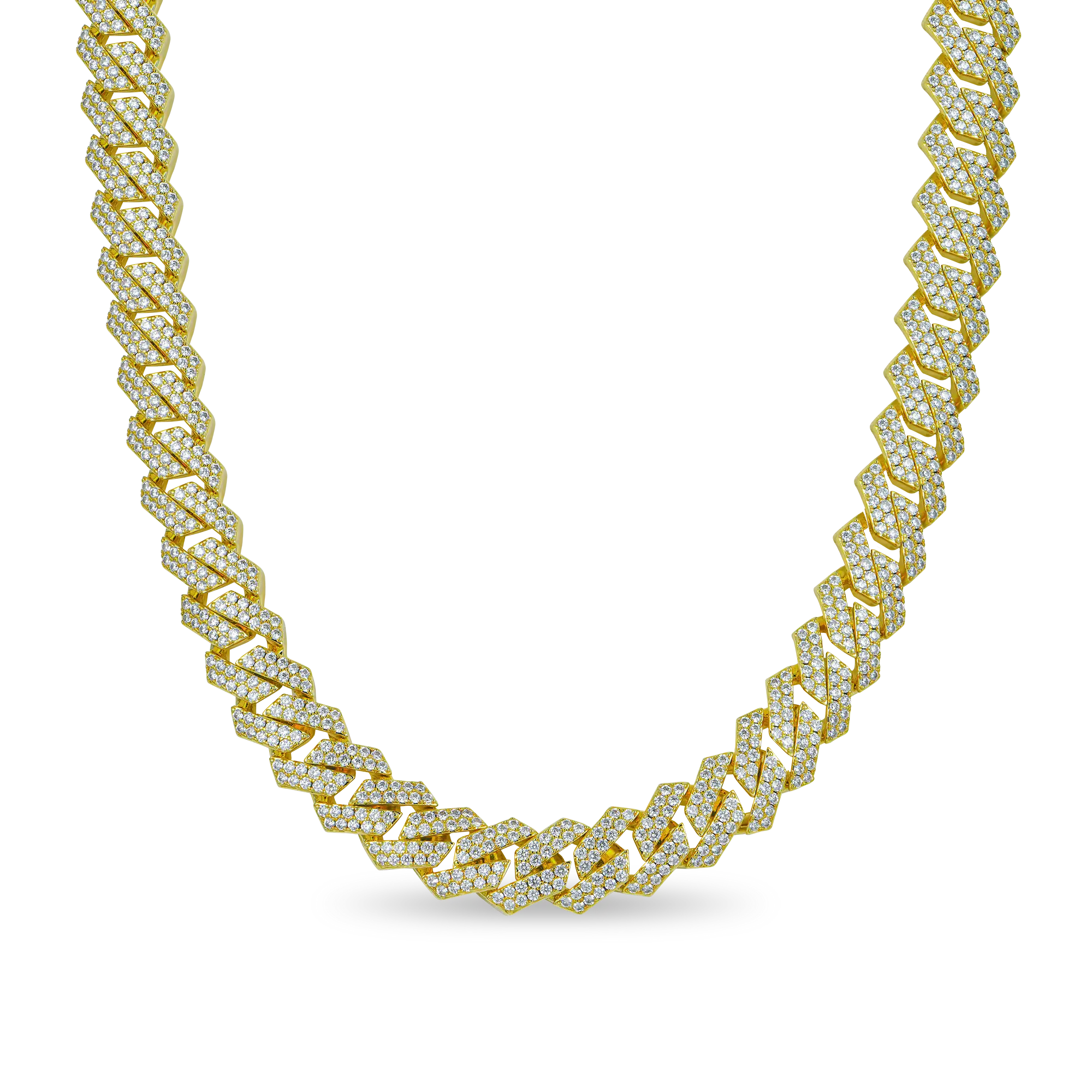 Yellow Gold Round Cut Prong Cuban Link Chain - 12mm