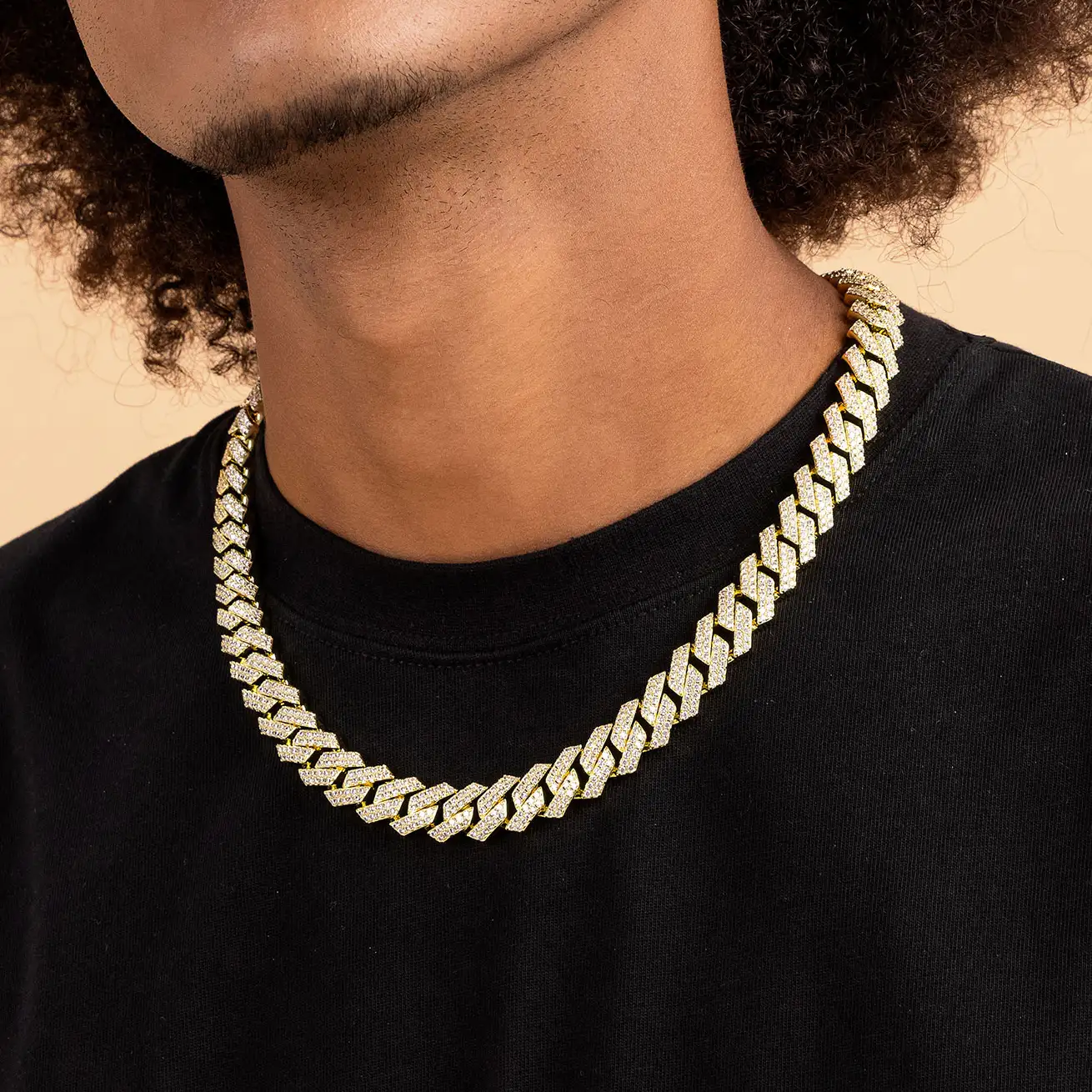 Yellow Gold Round Cut Prong Cuban Link Chain - 12mm - Image 2