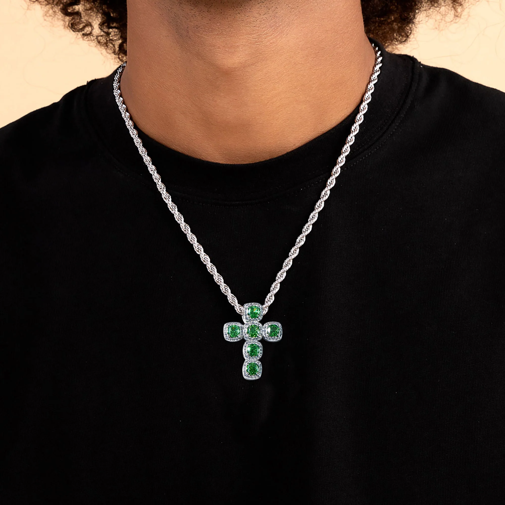 Radiant Cut Clustered Cross Pendant - Fancy Green - Image 2
