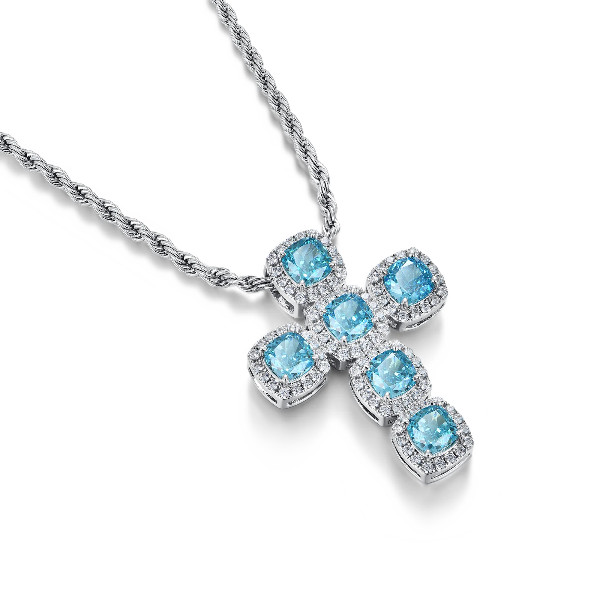 Radiant Cut Clustered Cross Pendant - Aquamarine - Image 3