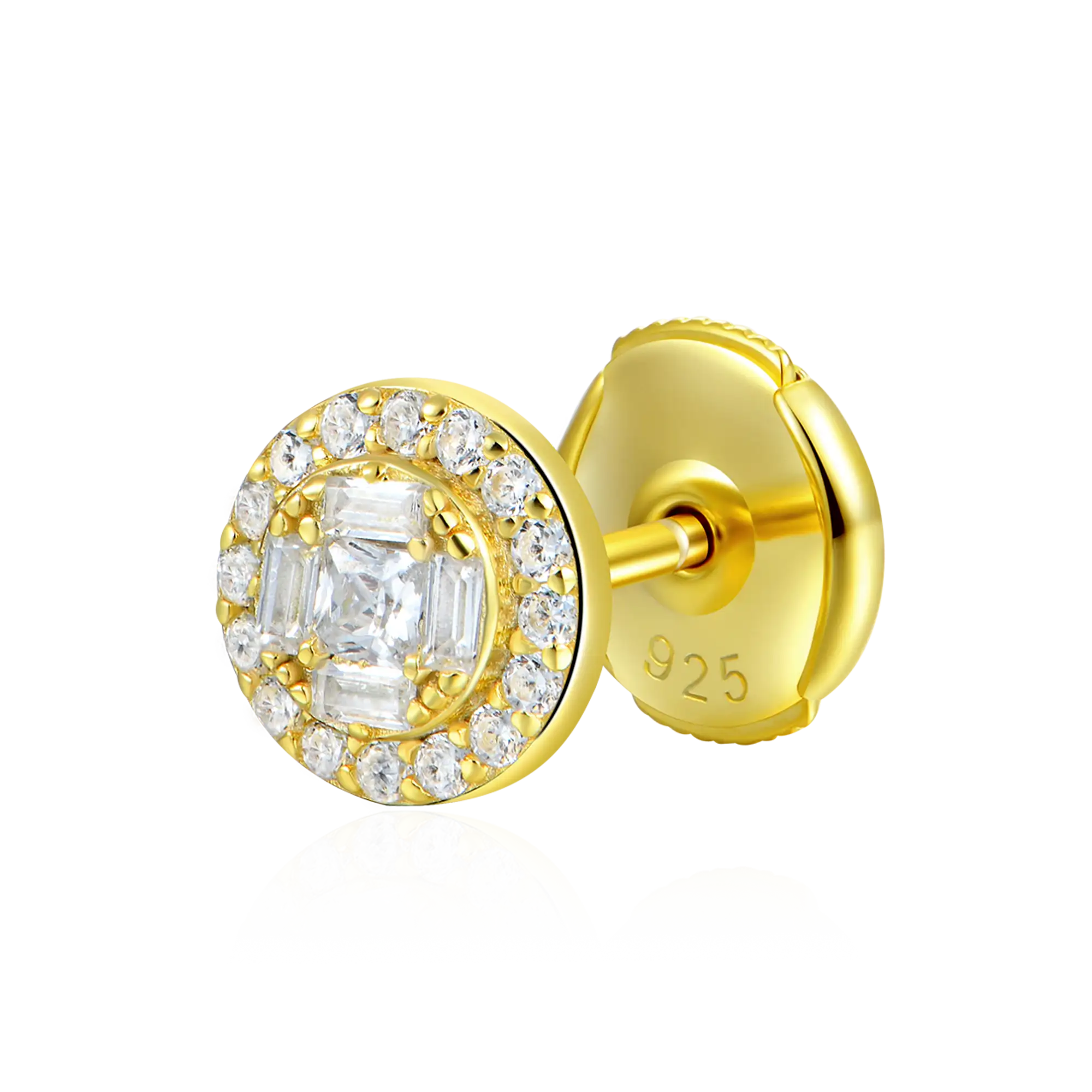 Baguette Mix Round Cut Halo Stud Earring - Single