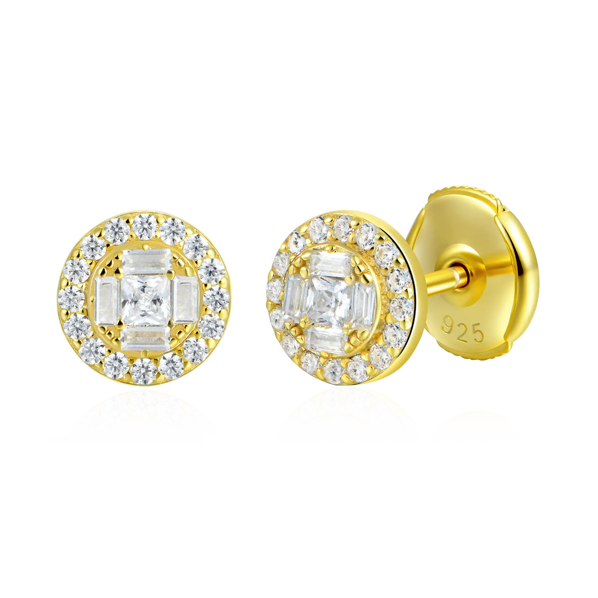Baguette Mix Round Cut Halo Stud Earring - Single - Image 3