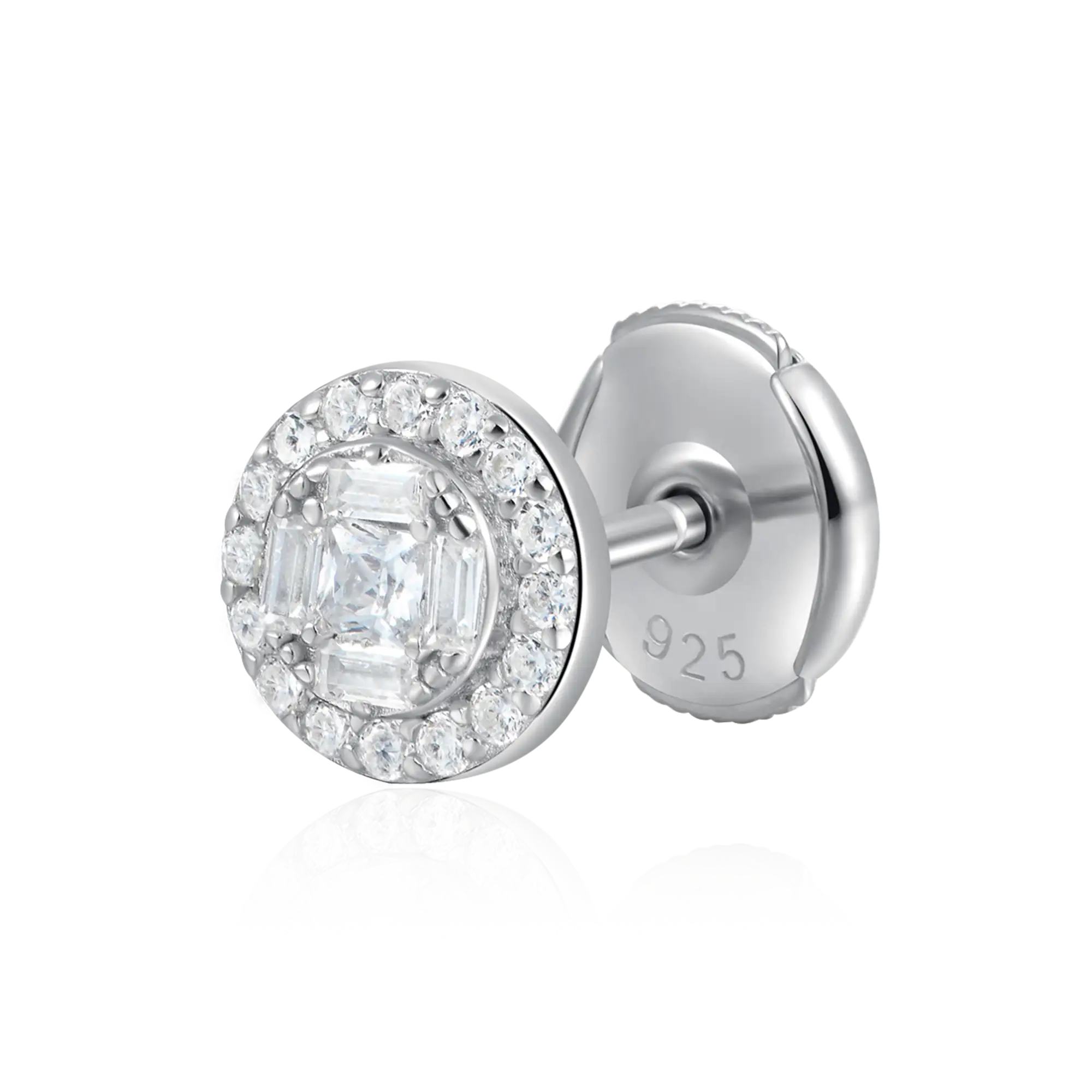 Baguette Mix Round Cut Halo Stud Earring - Single - Image 5