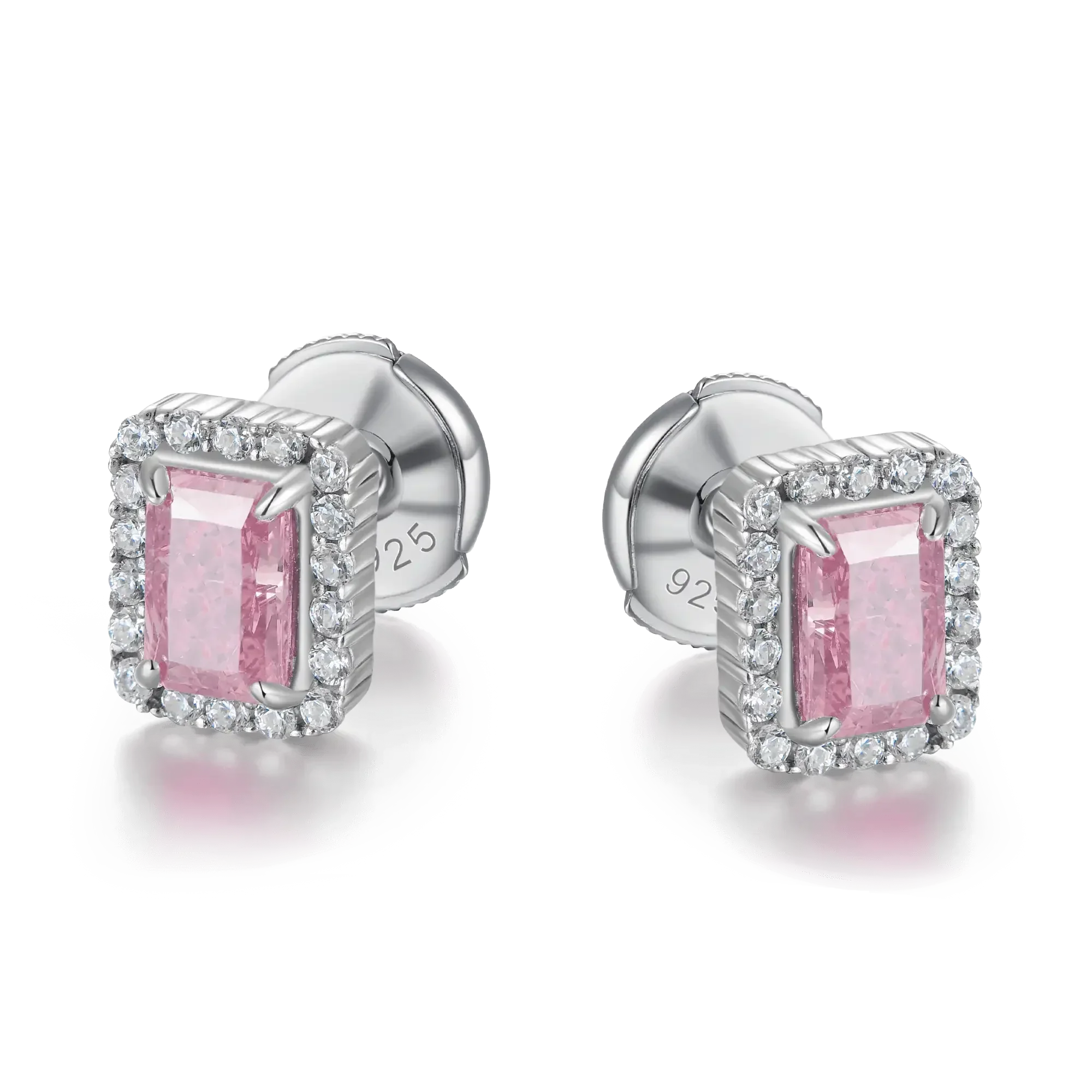 S925 Crushed Ice Emerald Cut Stud Earring - Fancy Light Pink