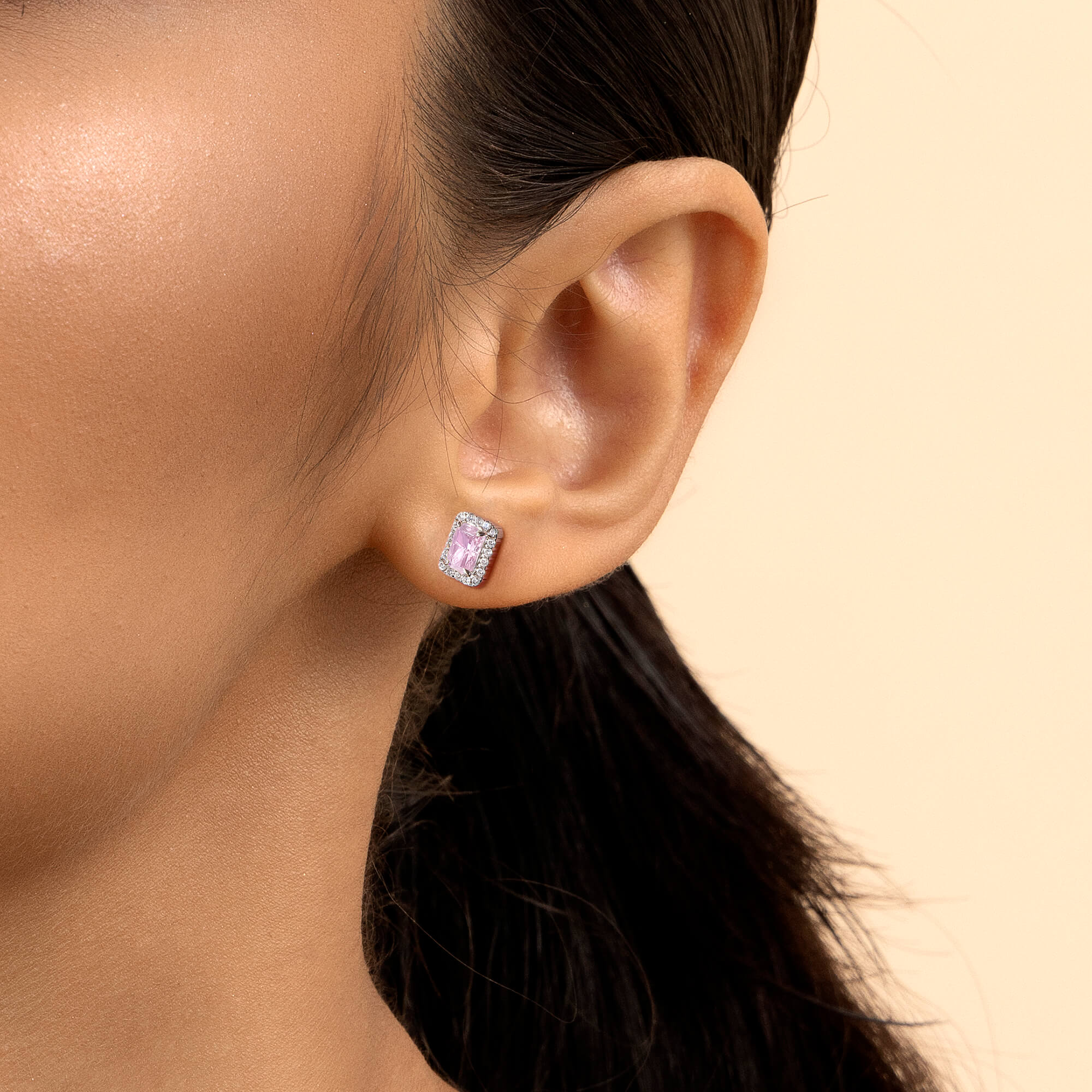 S925 Crushed Ice Emerald Cut Stud Earring - Fancy Light Pink - Image 3