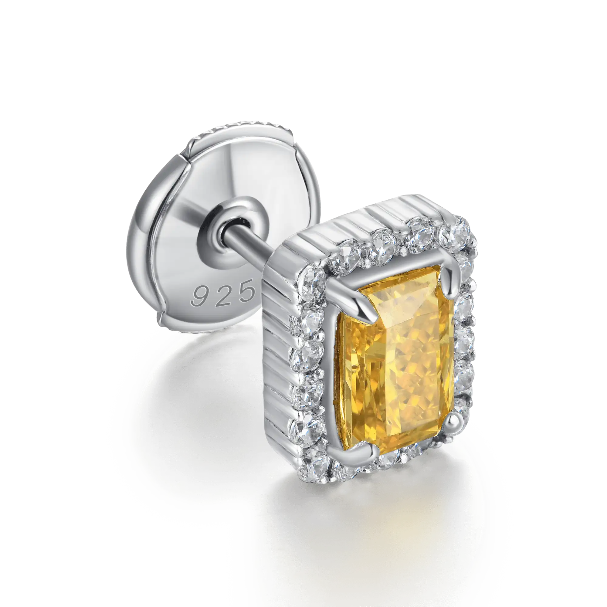 S925 Crushed Ice Emerald Cut Stud Earring - Fancy Yellow - Image 3