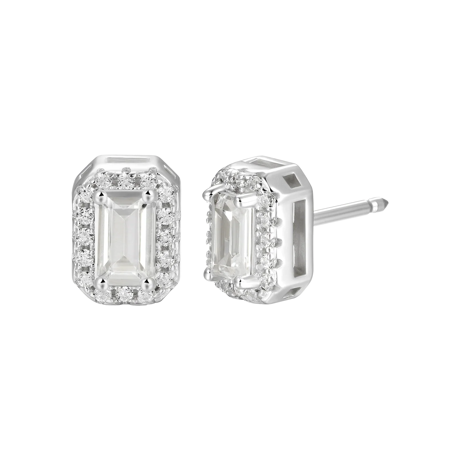 S925 Emerald Cut Halo Stud Earring
