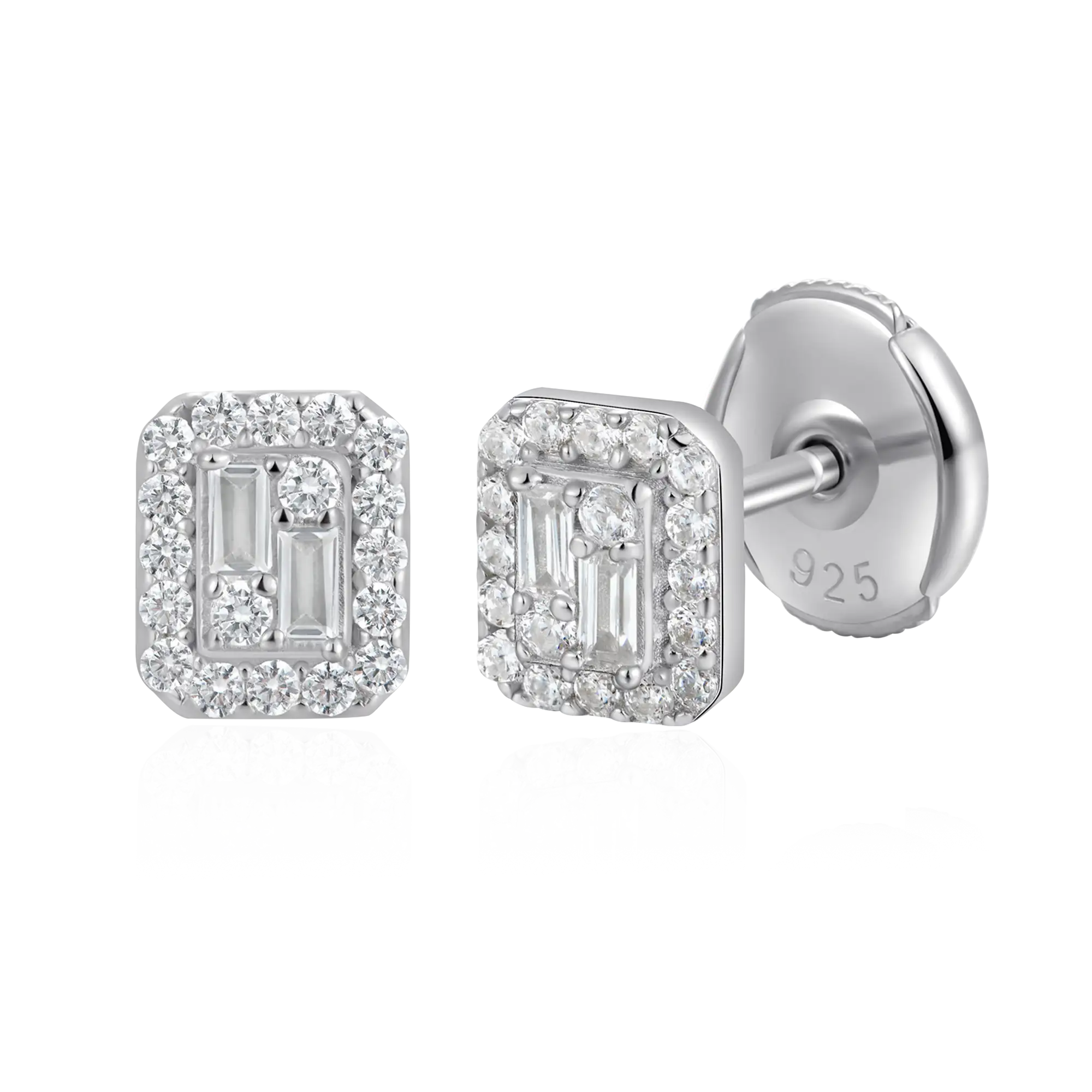 S925 Emerald Cut Mix Halo Stud Earrings - Pair