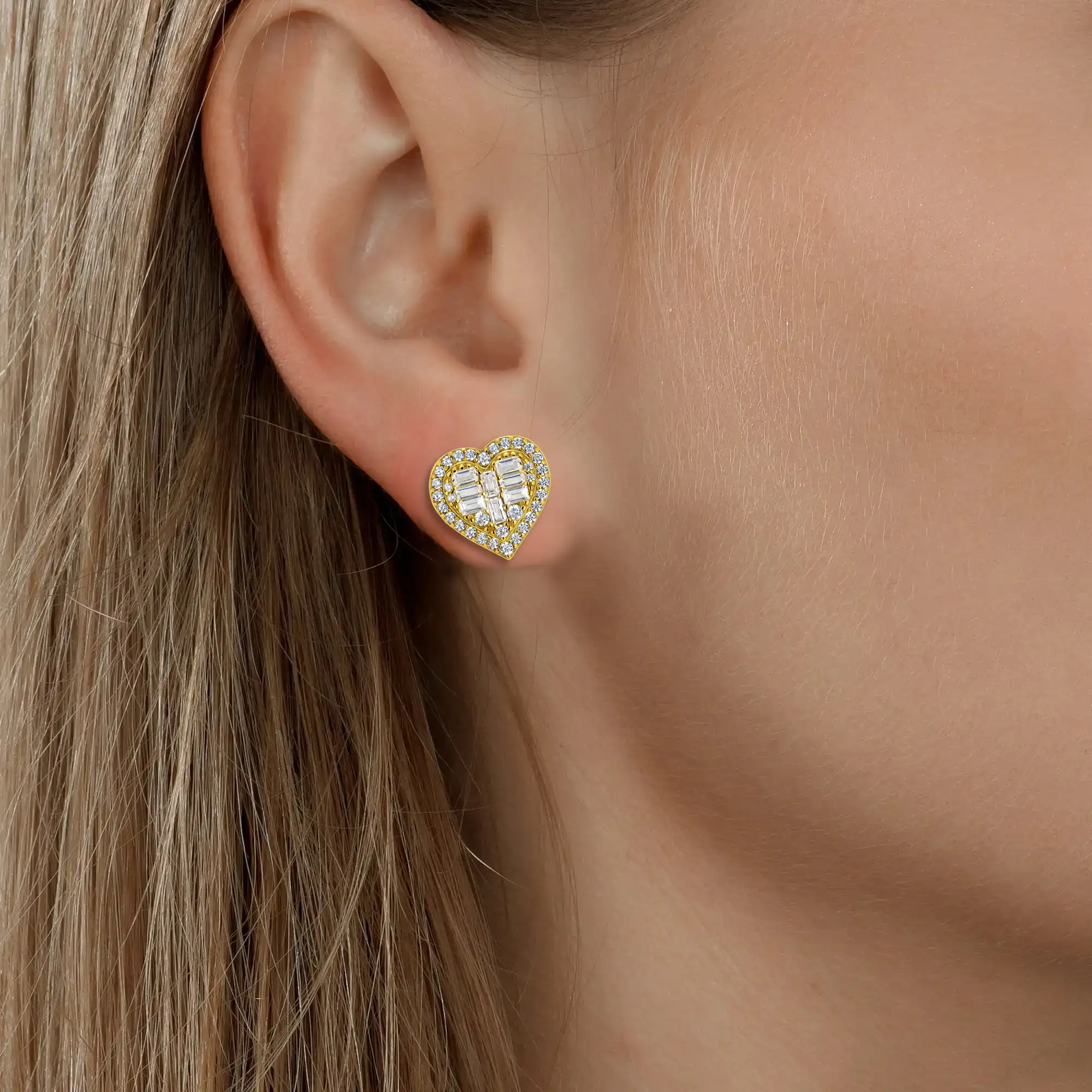 S925 Heart Baguette Mix Halo Stud Earrings - Pair - Image 10