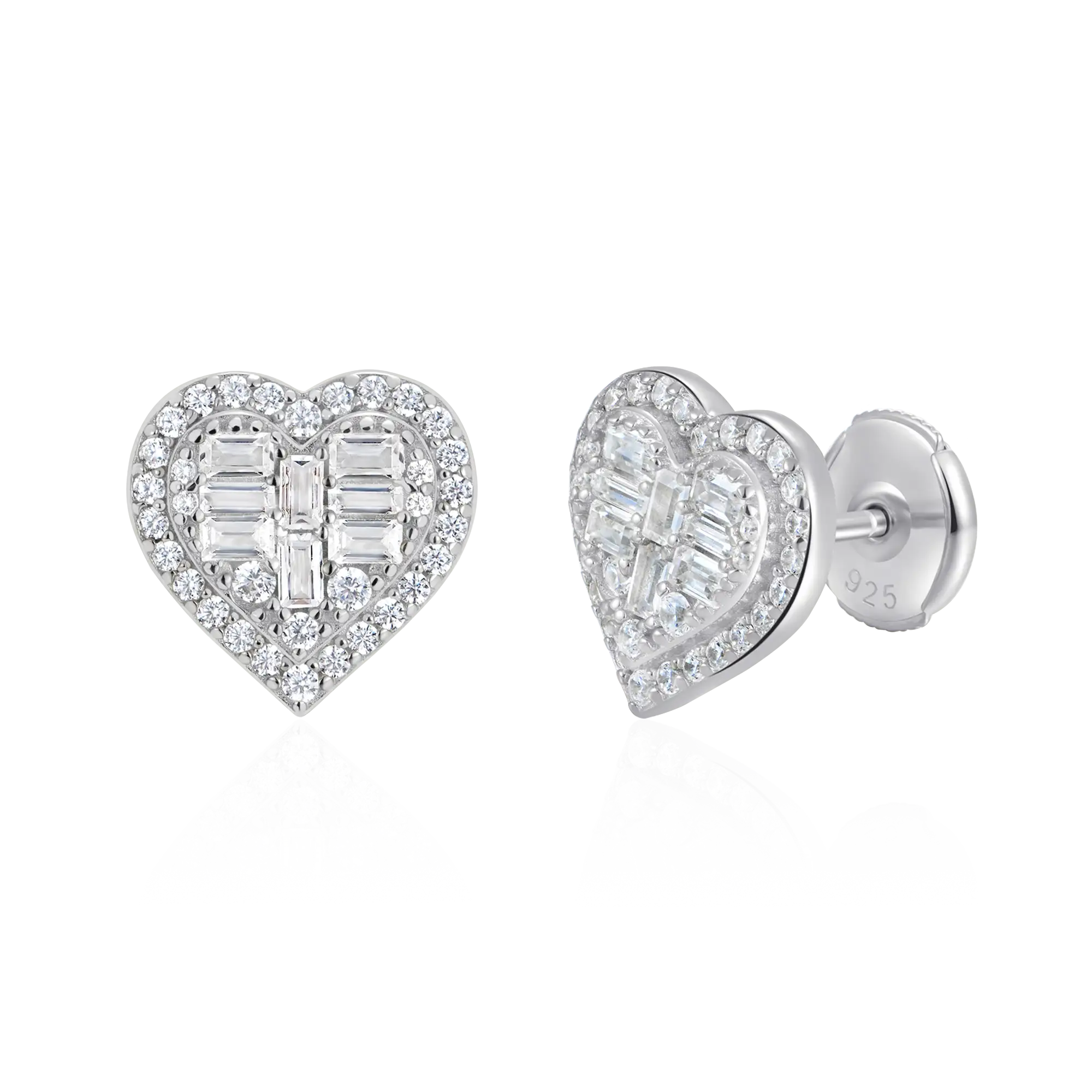 S925 Heart Baguette Mix Halo Stud Earrings - Pair - Image 11