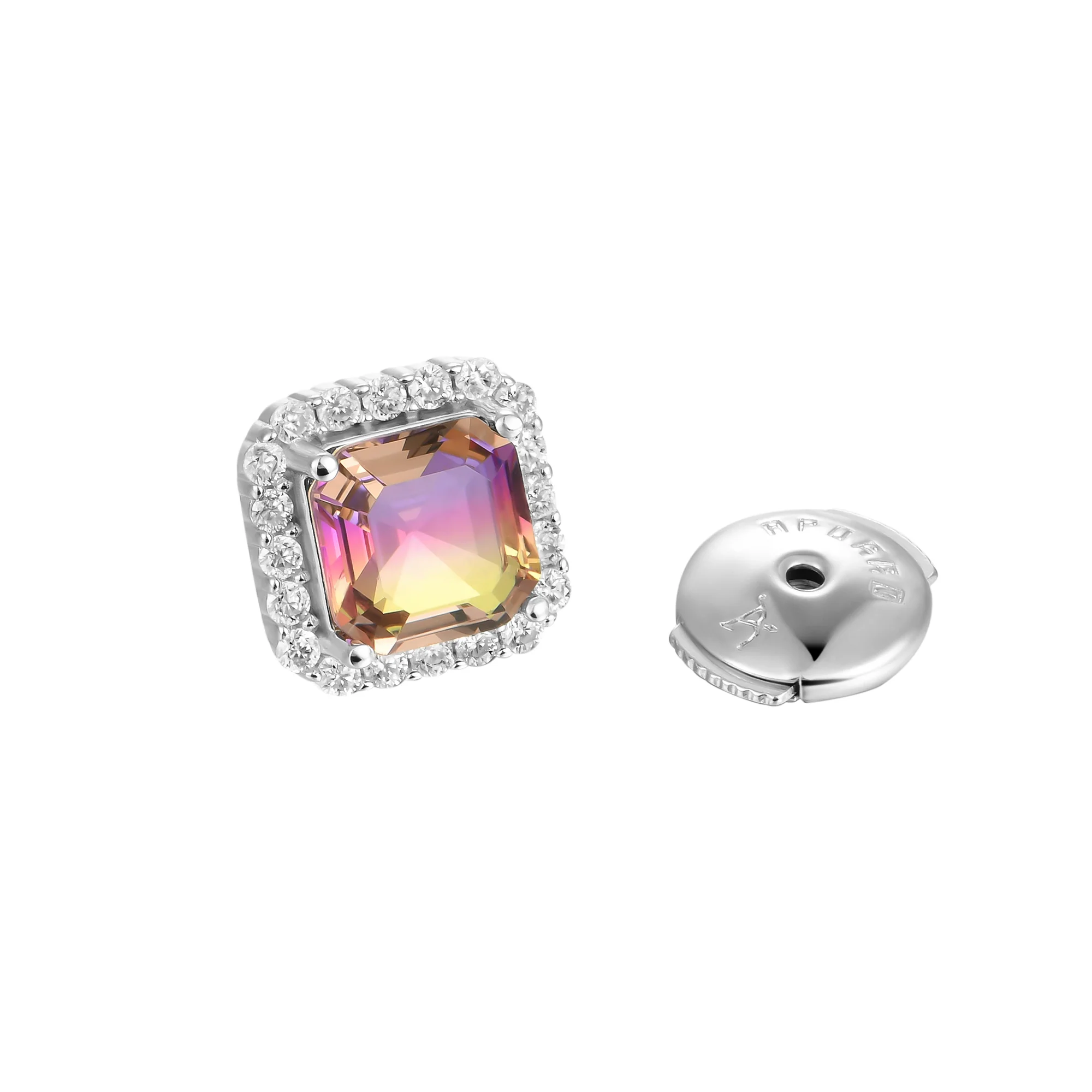 S925 Emerald-Cut Purple and Yellow Gradient Tourmaline Halo Stud Earring - Image 4