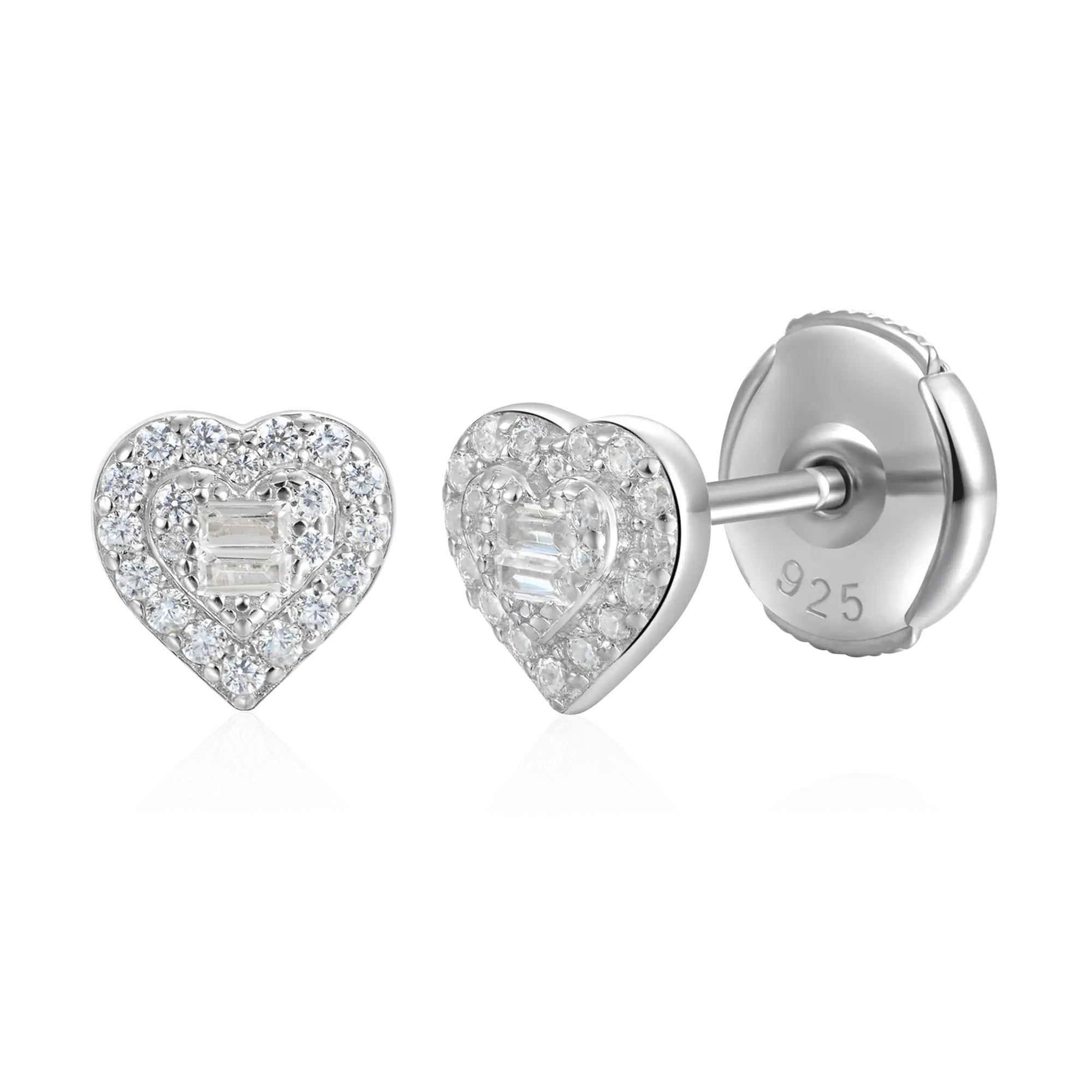 S925 Heart Baguette Mix Halo Stud Earrings - Pair - Image 5