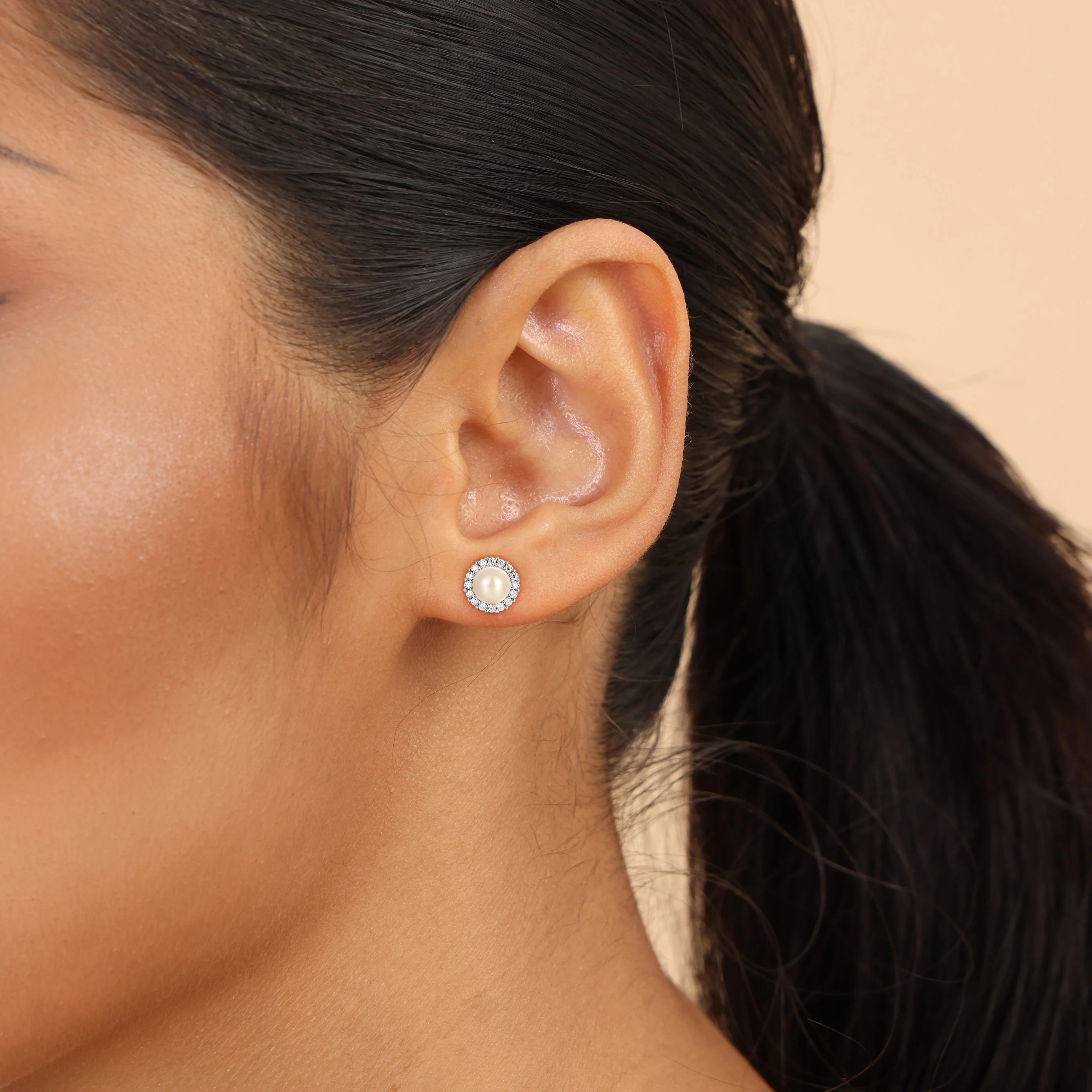 Moissanite Biege Pearl Stud Earrings - Pair - Image 3