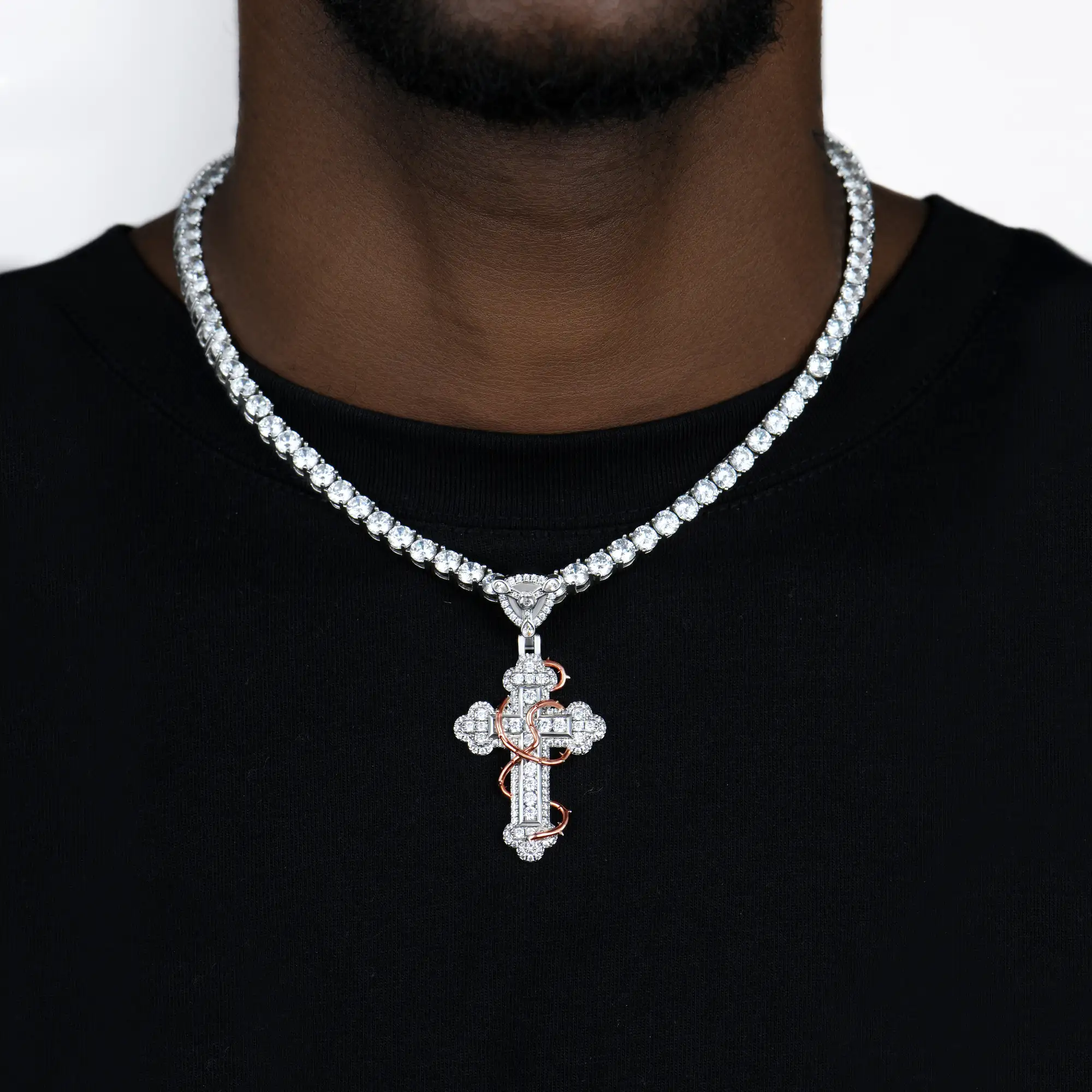 Moissanite Thorned Blossom Cross Pendant - Small - Image 2