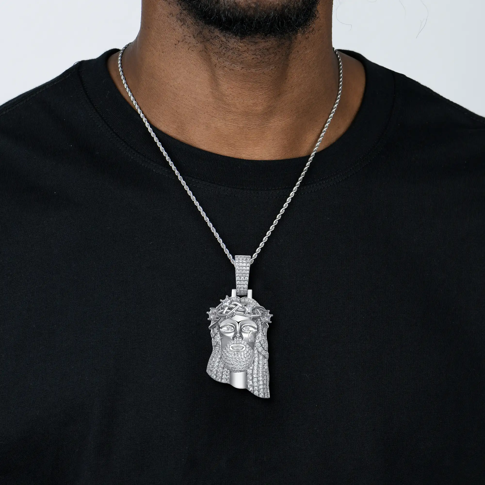 Moissanite White Gold Stellar Jesus Pendant - Medium - Image 3