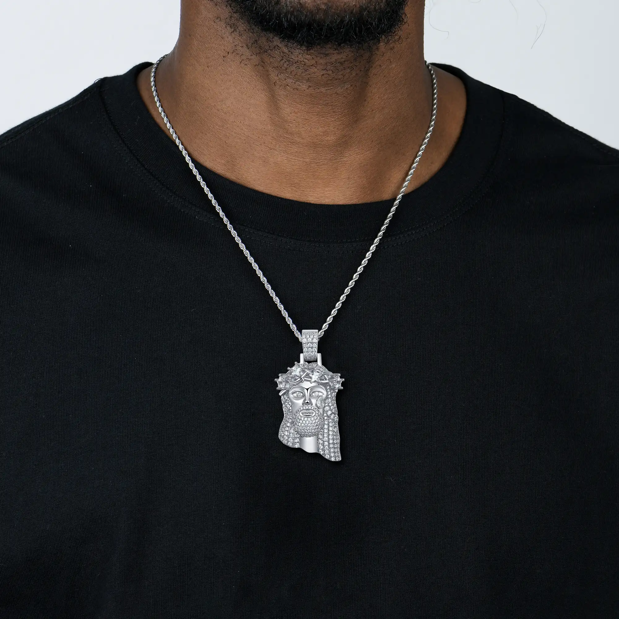 Moissanite White Gold Stellar Jesus Pendant - Small - Image 3