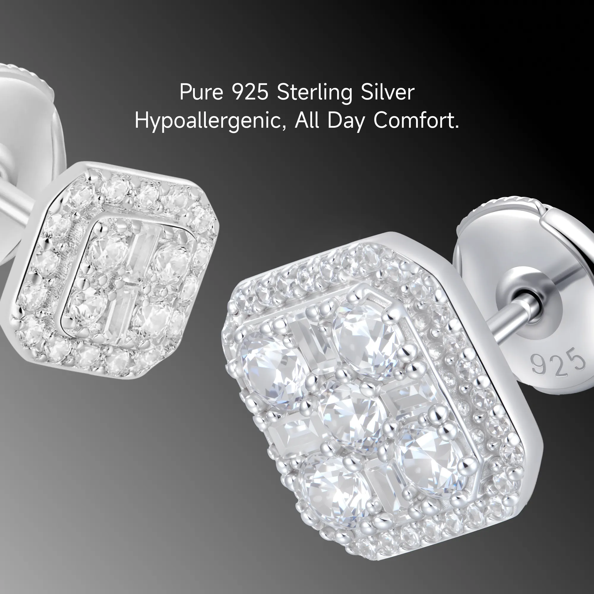 S925 Octagon Baguette Mix Halo Stud Earrings - Pair - Image 10