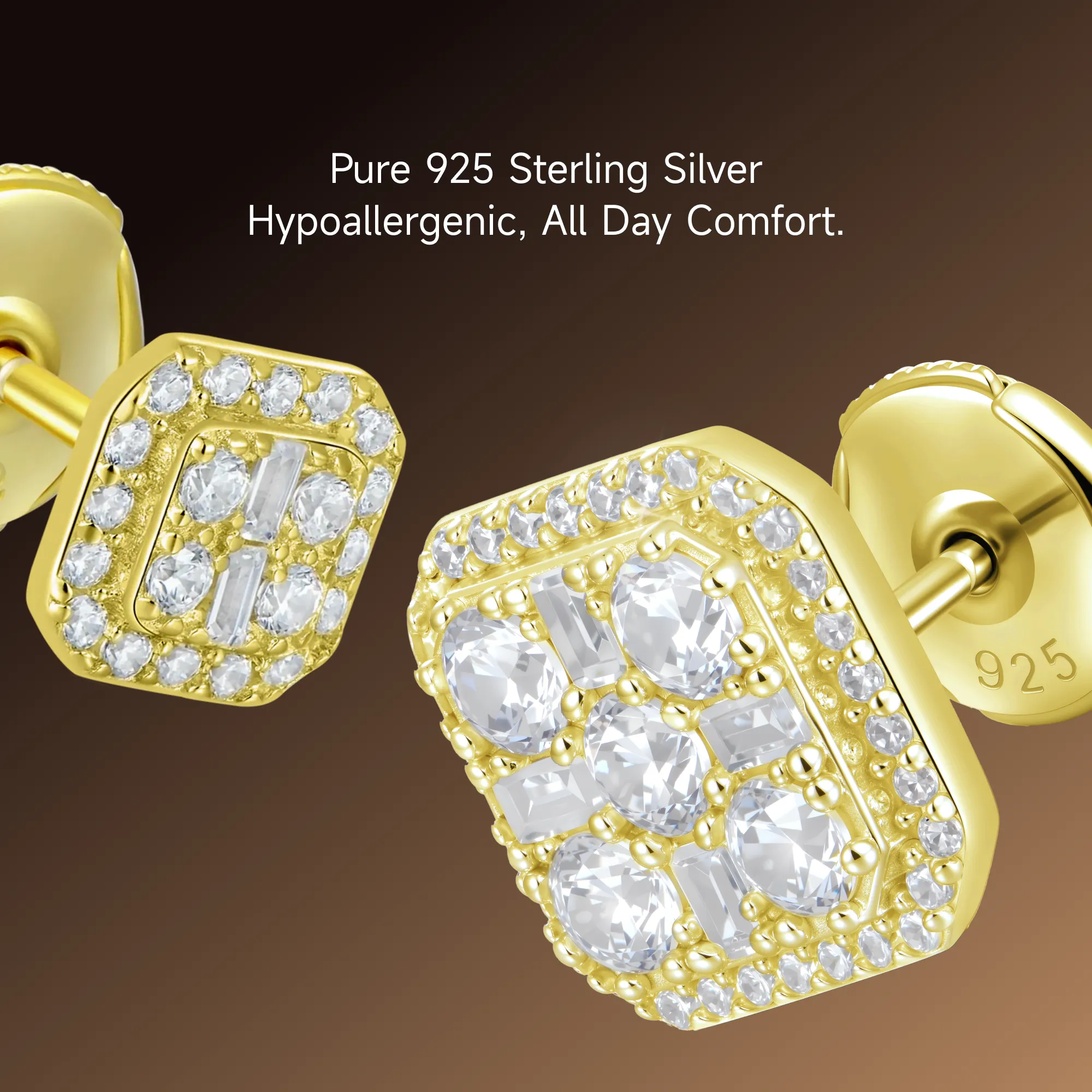 S925 Octagon Baguette Mix Halo Stud Earrings - Pair - Image 12