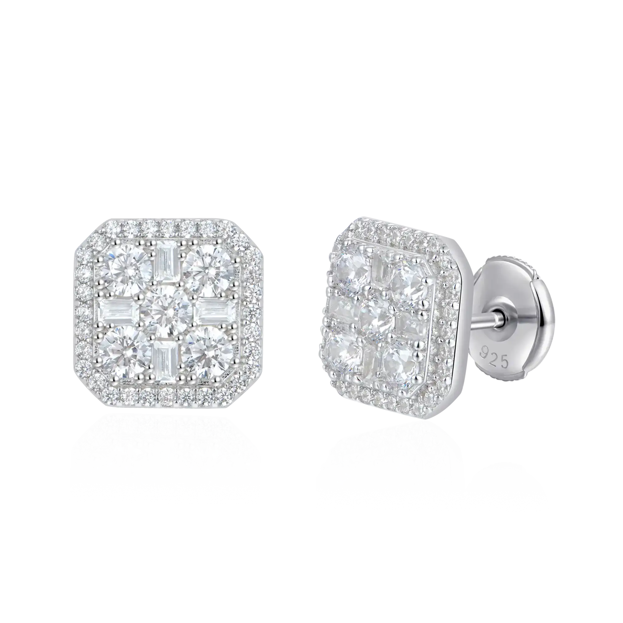 S925 Octagon Baguette Mix Halo Stud Earrings - Pair - Image 6