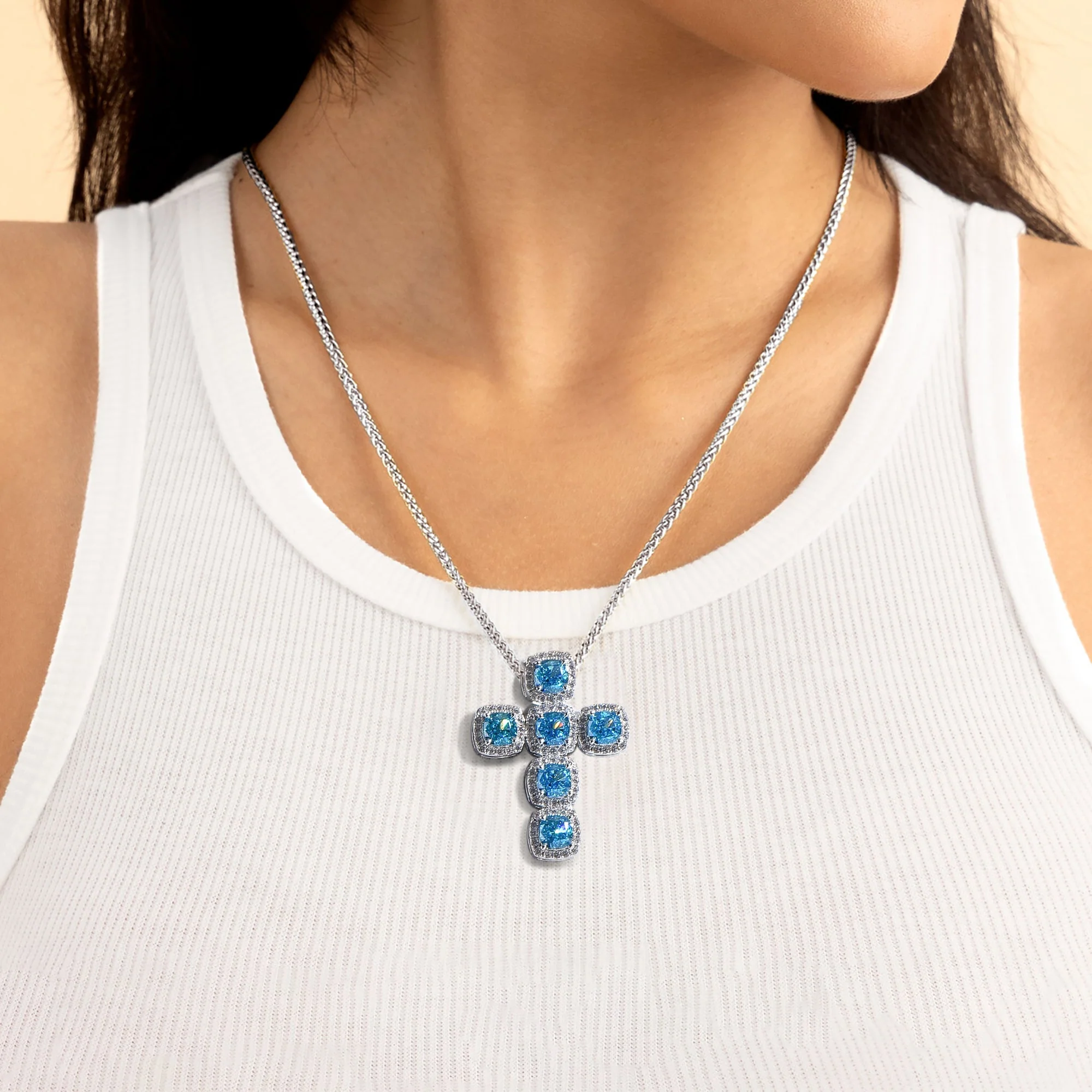 Radiant Cut Clustered Cross Pendant - Aquamarine - Image 3