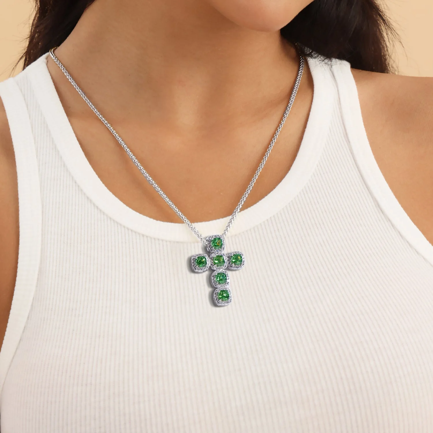 Radiant Cut Clustered Cross Pendant - Fancy Green - Image 3