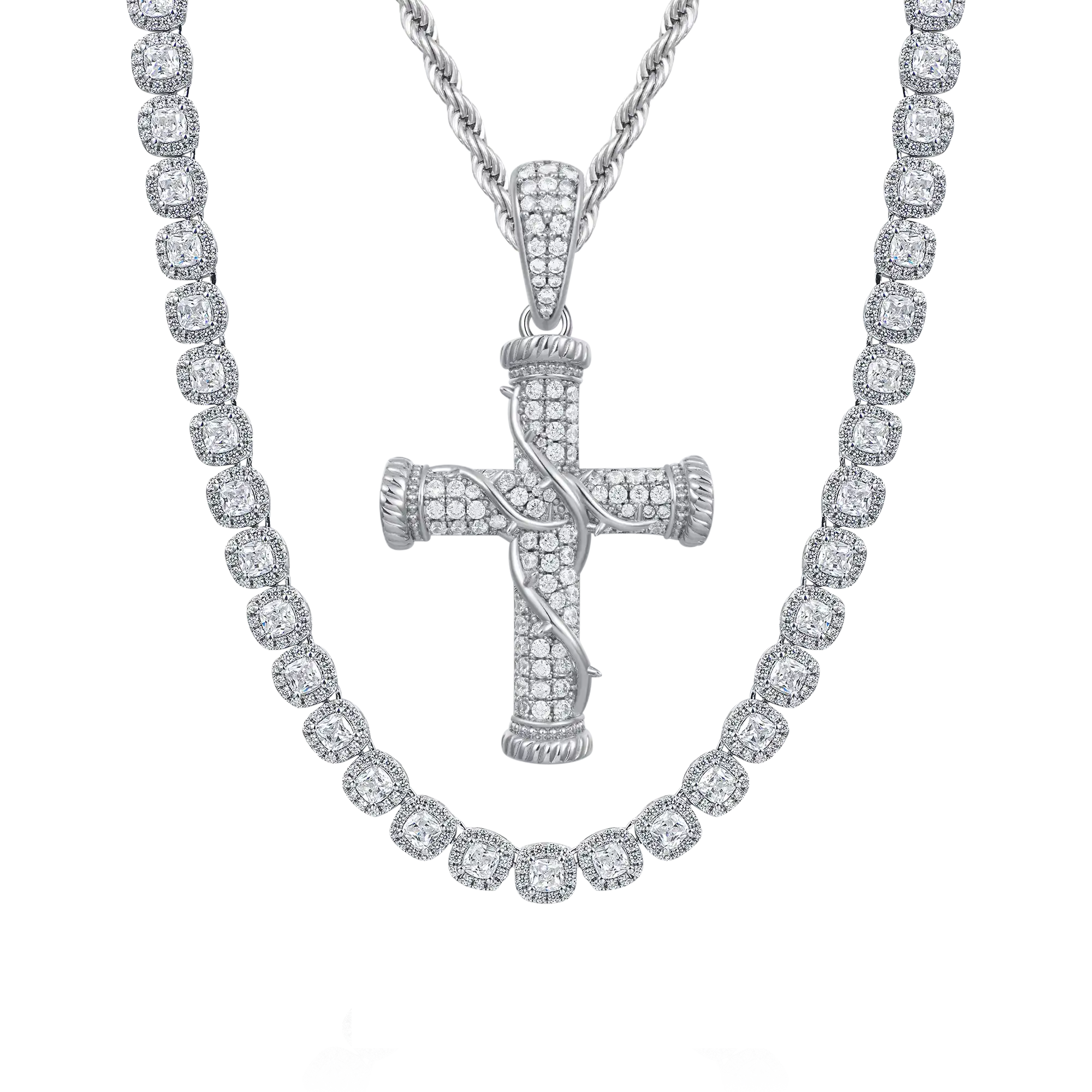 Roman Pillar Thorn Cross Pendant + Cushion Cut Clustered Tennis Chain Gift Set - Image 6