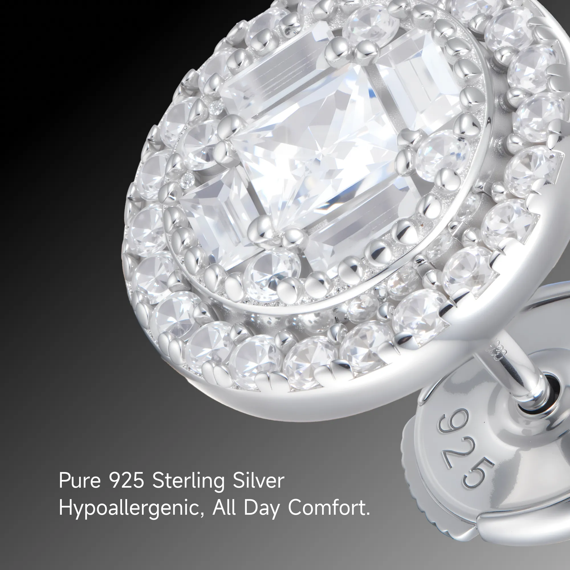 S925 Baguette Mix Round Cut Halo Stud Earrings - Pair - Image 10