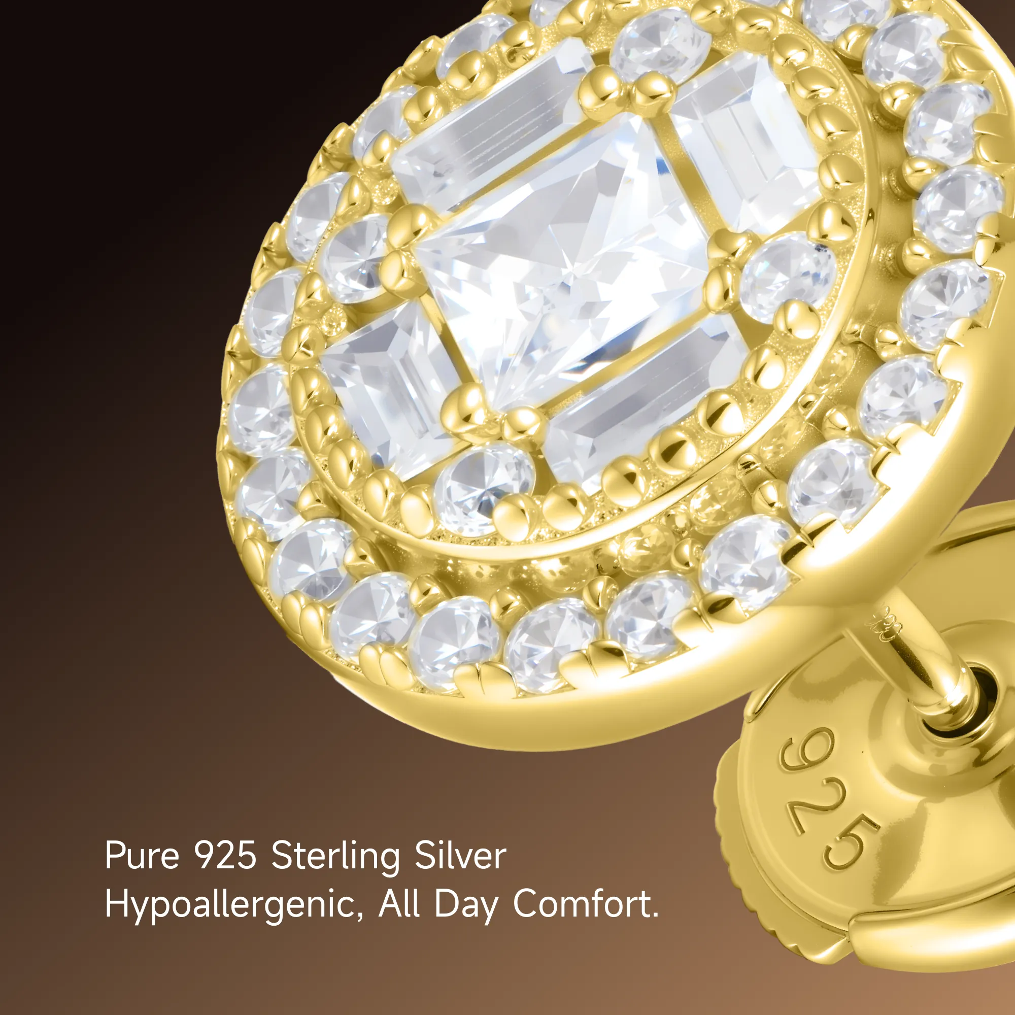 S925 Baguette Mix Round Cut Halo Stud Earrings - Pair - Image 12