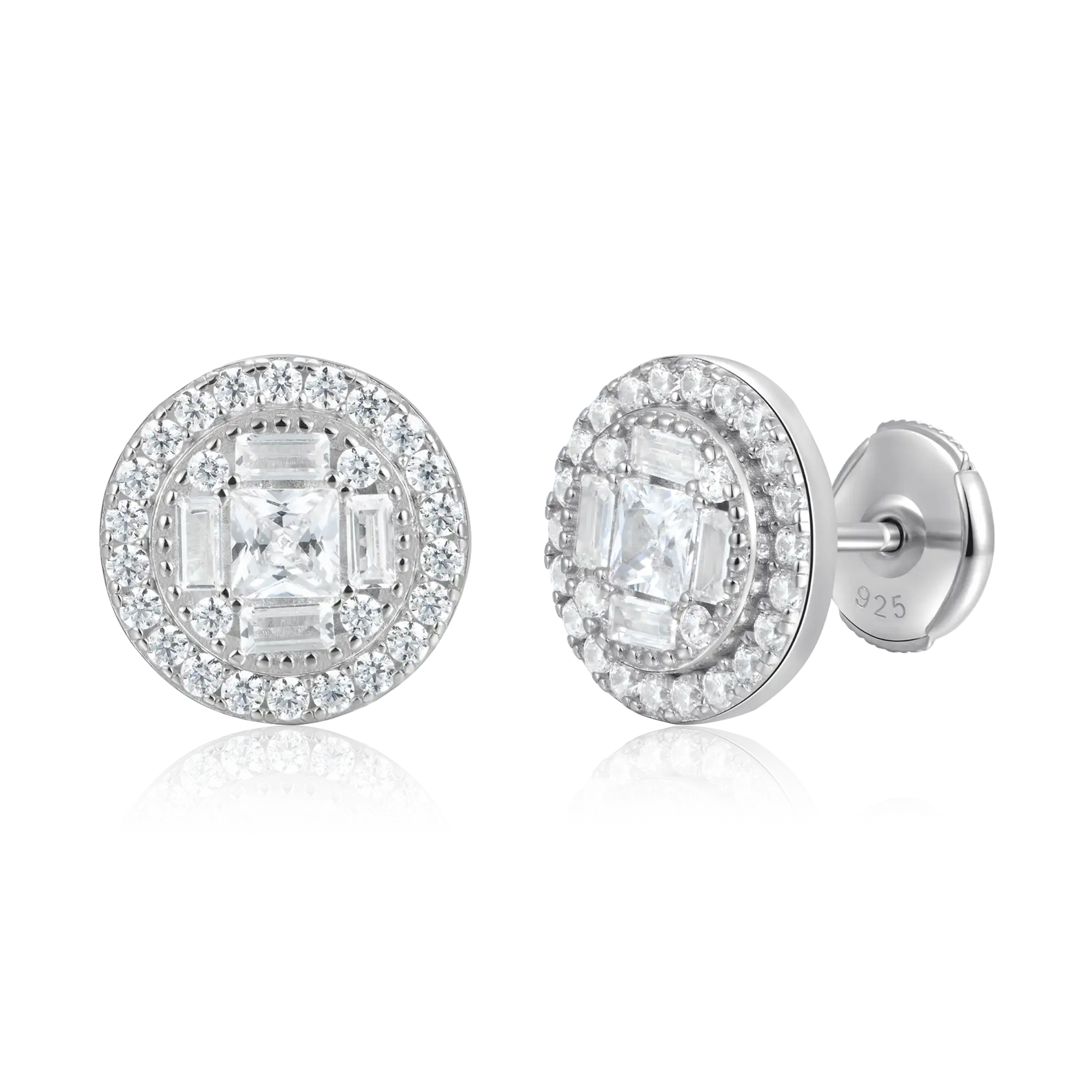S925 Baguette Mix Round Cut Halo Stud Earrings - Pair - Image 6