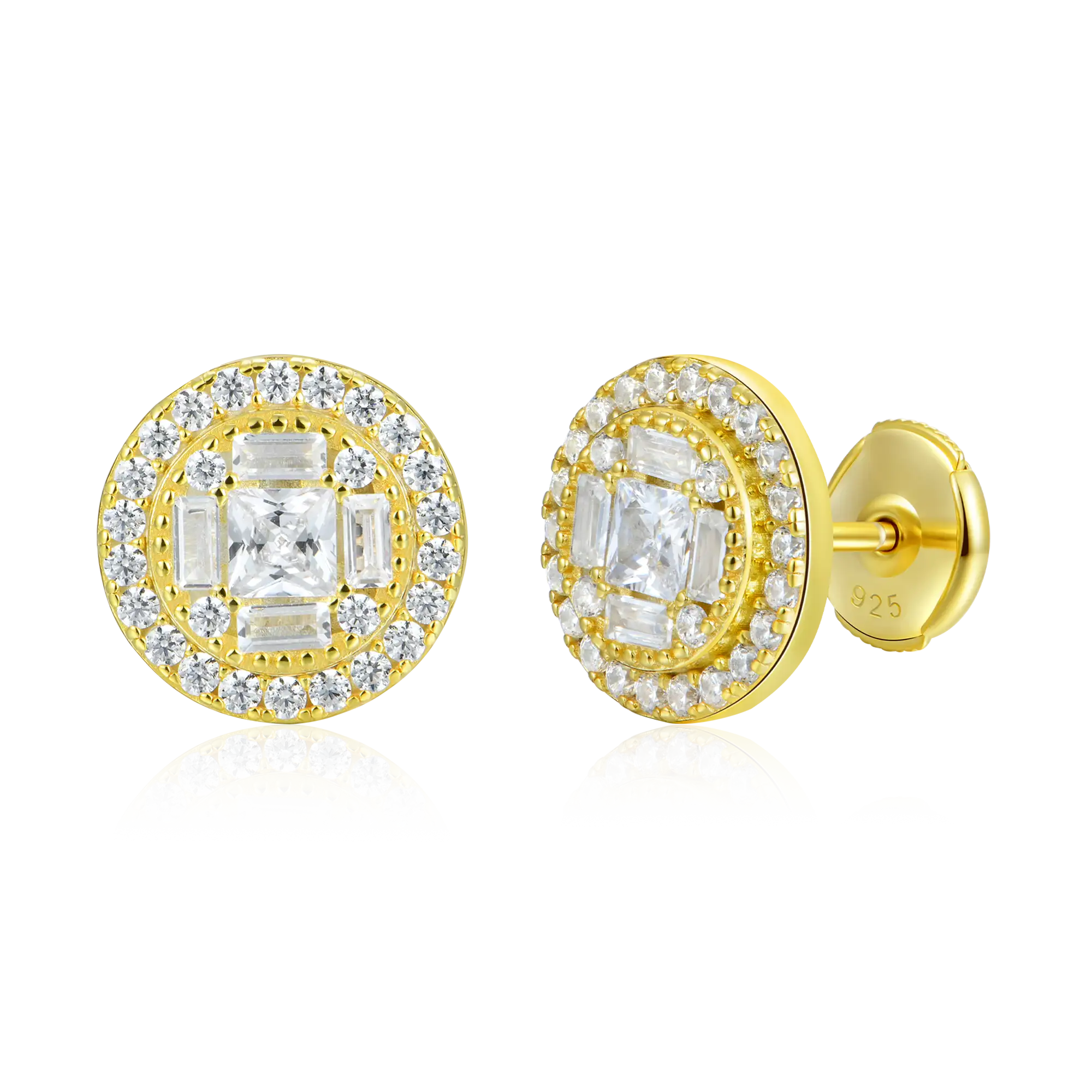 S925 Baguette Mix Round Cut Halo Stud Earrings - Pair - Image 8