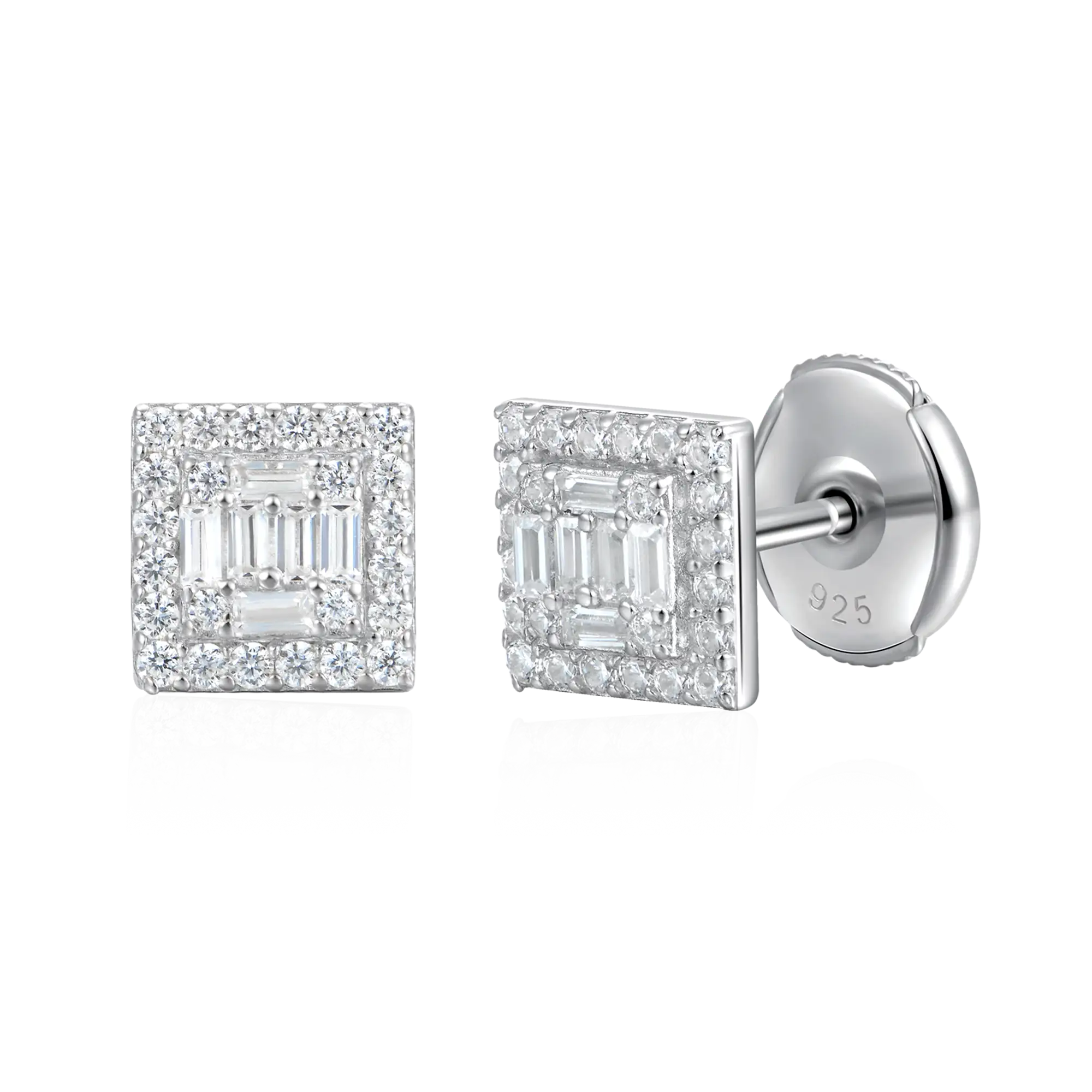 S925 Square Baguette Mix Halo Stud Earrings - Pair