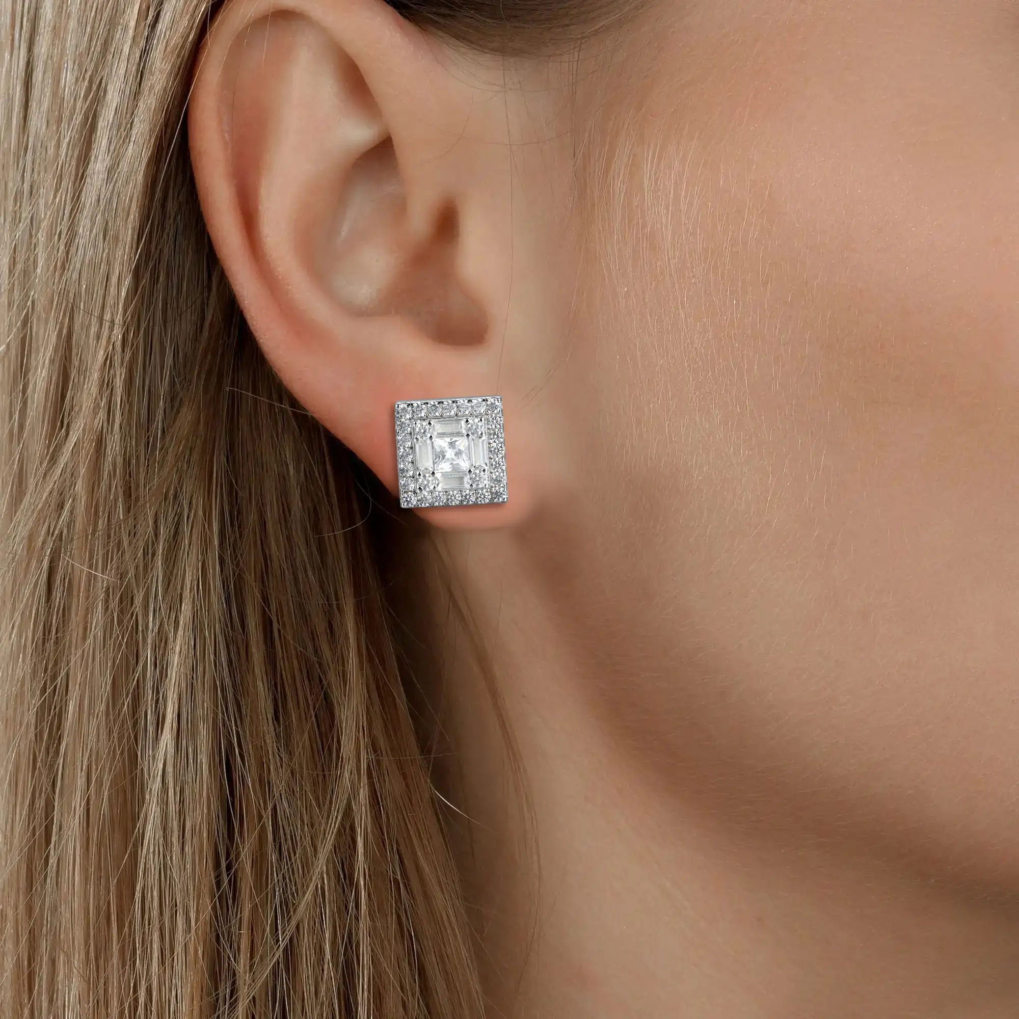 S925 Square Baguette Mix Halo Stud Earrings - Pair - Image 10