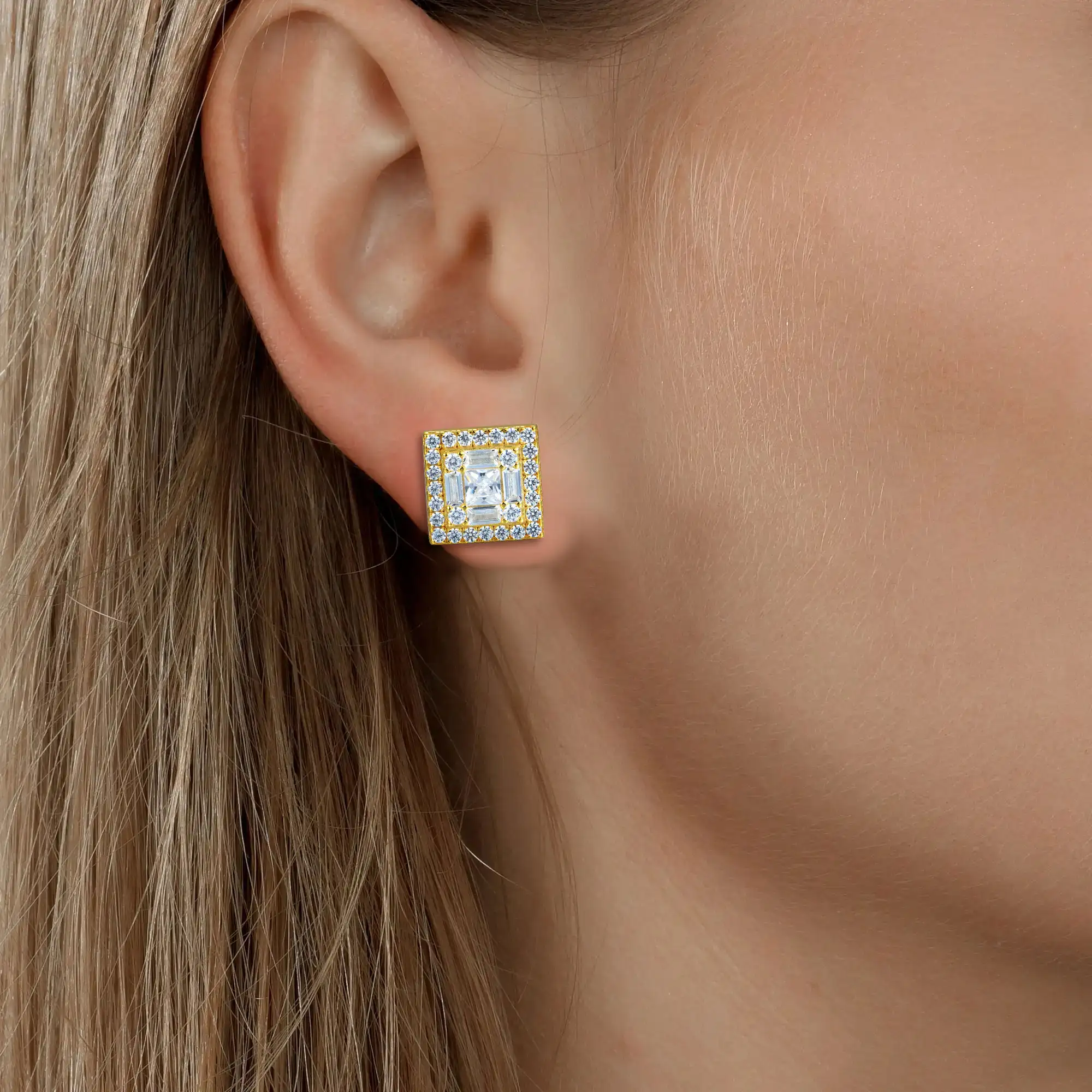 S925 Square Baguette Mix Halo Stud Earrings - Pair - Image 13