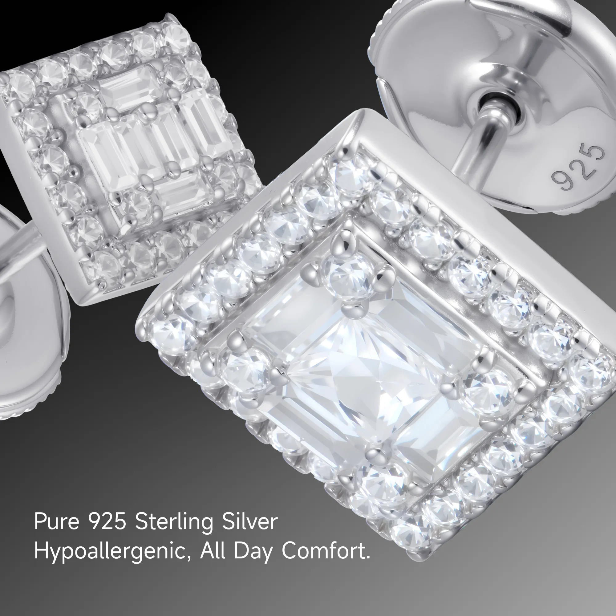 S925 Square Baguette Mix Halo Stud Earrings - Pair - Image 14