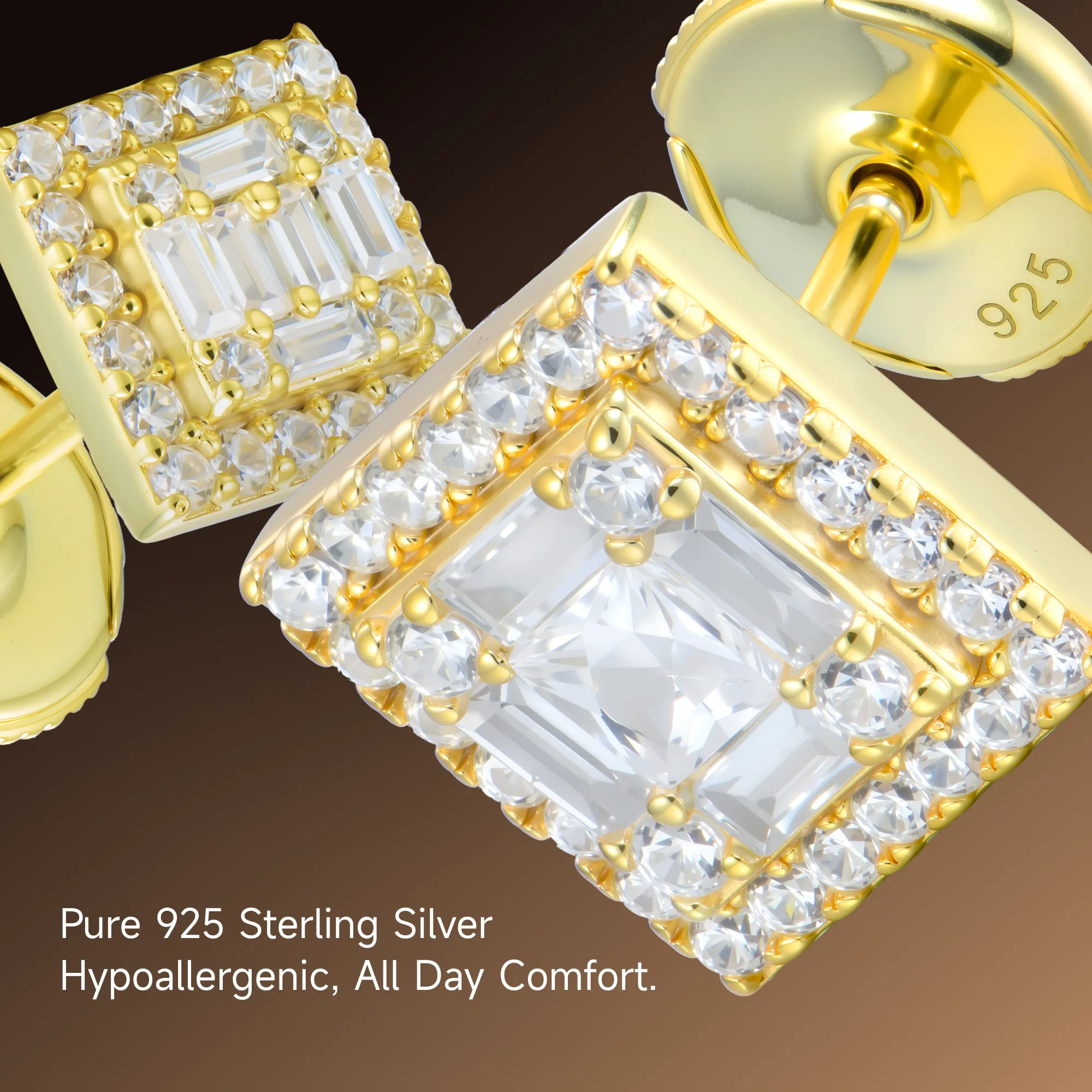 S925 Square Baguette Mix Halo Stud Earrings - Pair - Image 16