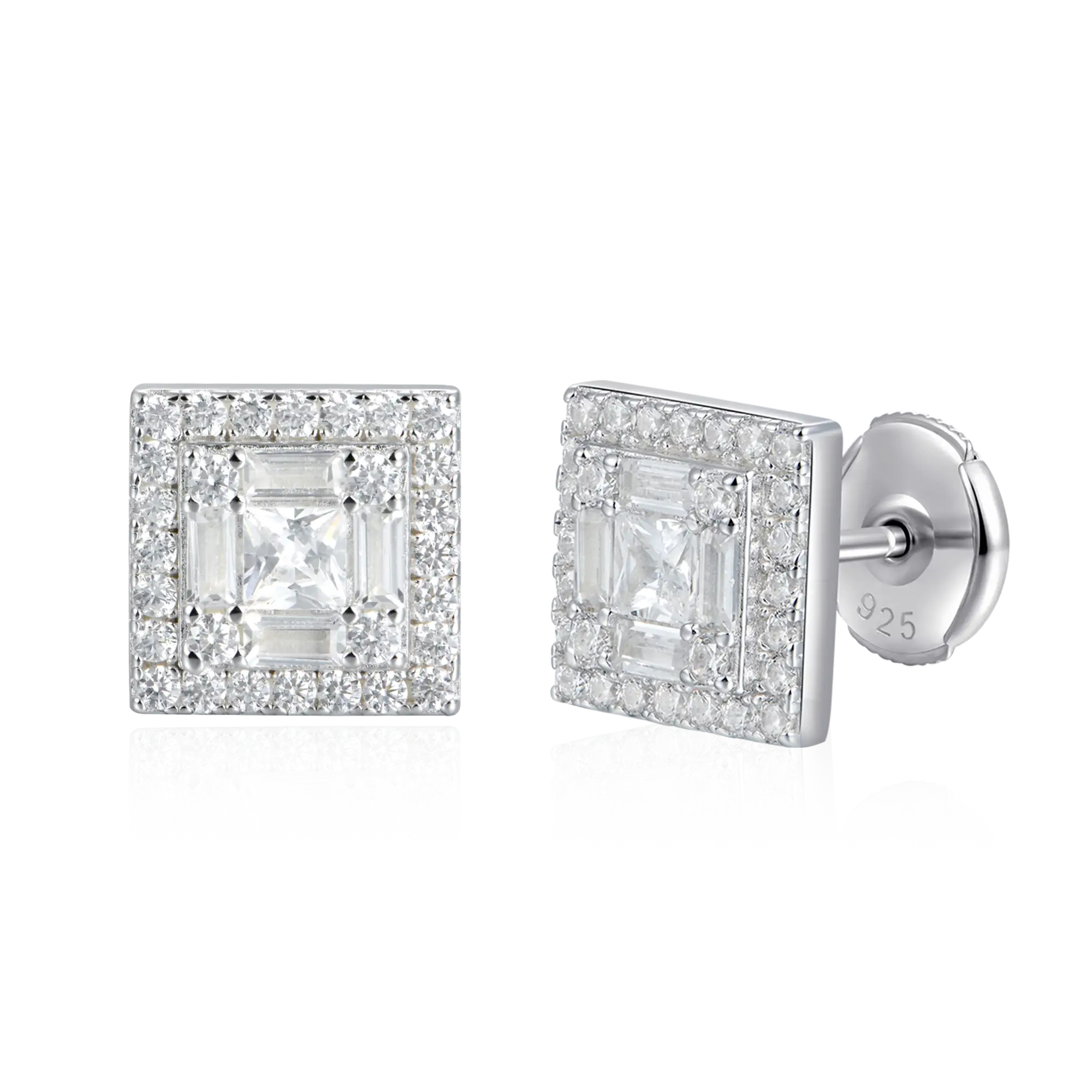 S925 Square Baguette Mix Halo Stud Earrings - Pair - Image 8