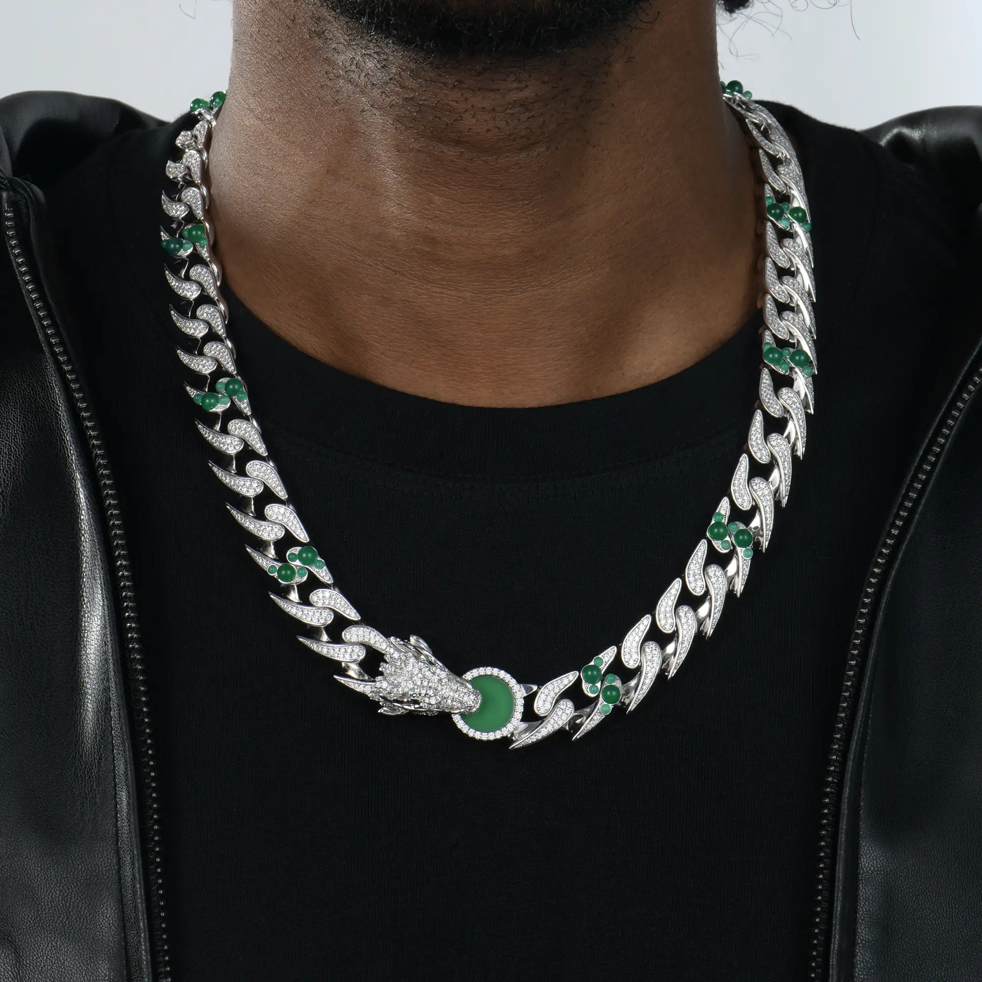 WONG â…ˇ Ridge Iced Jade Beads Cuban Necklace - 15mm - Image 2